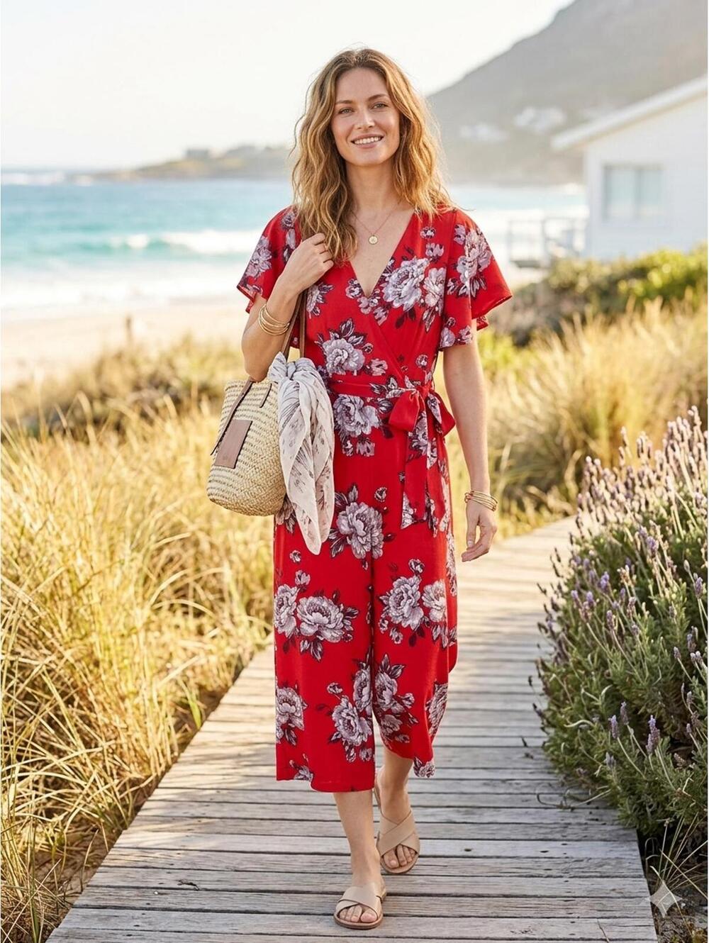 Umgee Women's Floral Print Jumpsuit M V-Neck Wide Leg